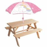 Comprar Mesa de picnic de pino unicornio con sombrilla - fun house - al.53 x l.95 x p.75 cm - para niños